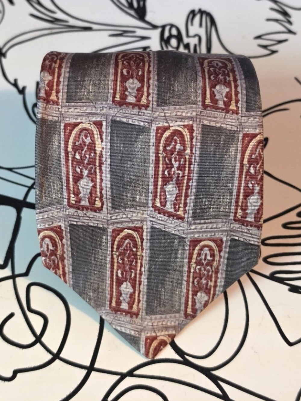 Vintage Bill Blass Silk Tie Red Grey Architectural Geometric Mens Necktie
